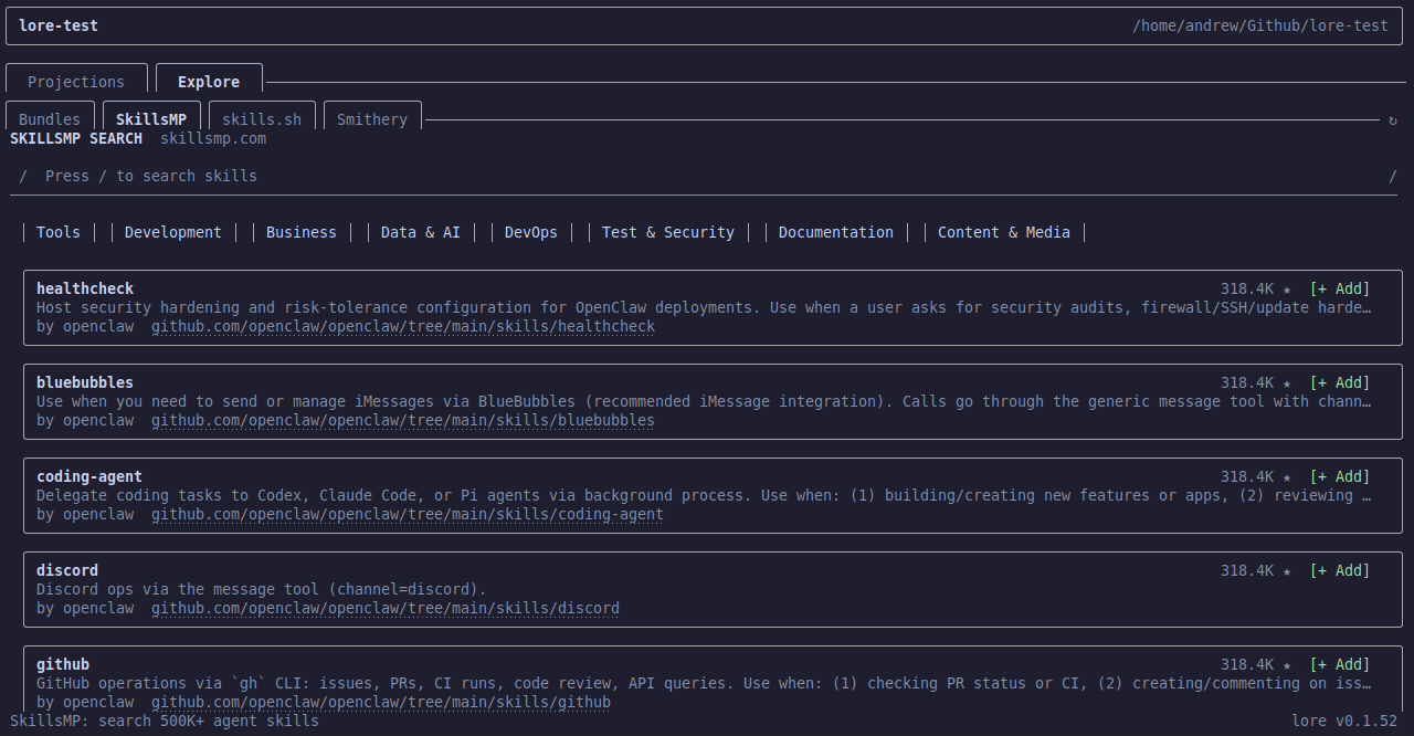 SkillsMP sub-tab with searchable skill cards and add actions.
