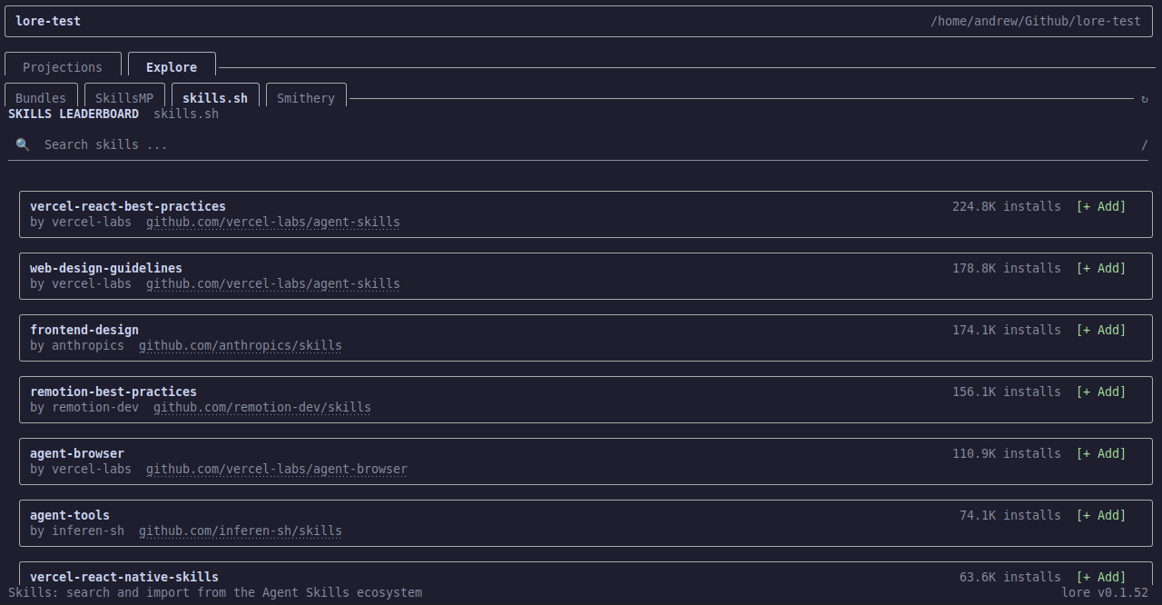 skills.sh sub-tab with ranked skill results and add actions.