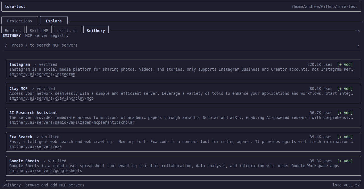 Smithery sub-tab with MCP server cards and add actions.