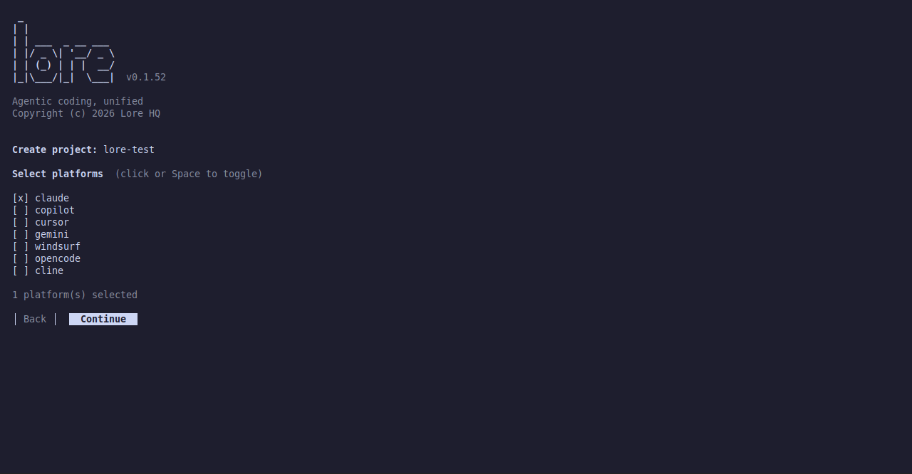 Platform selection step after one supported harness is selected and Continue is enabled.